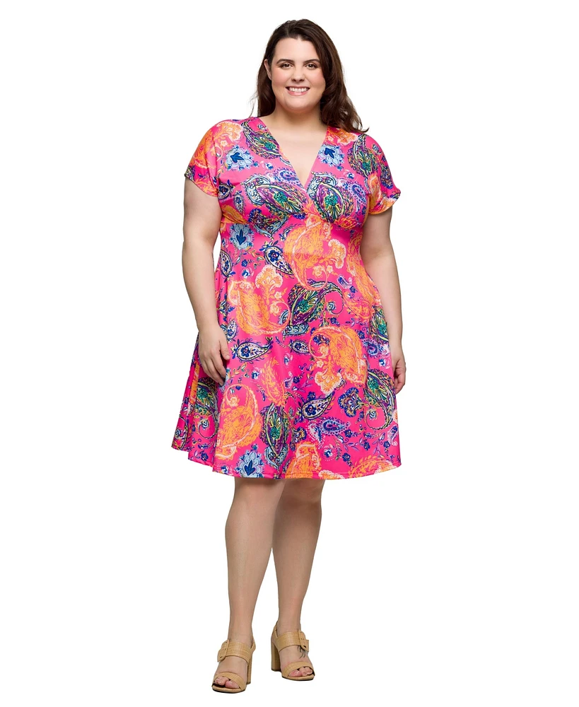 24seven Comfort Apparel Plus Size V-Neck Empire Waist Knee Length Dress