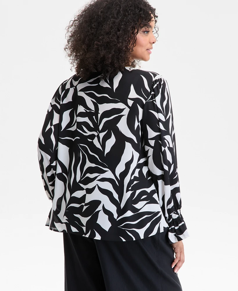 I.n.c. International Concepts Plus Leaf-Print Bell-Sleeve Top, Exclusively at Macy's