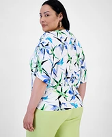 I.n.c. International Concepts Plus Printed Ruched-Shoulder Top, Exclusively at Macy's