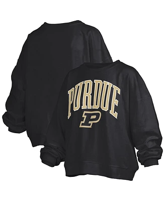 Pressbox Women's Black Purdue Boilermakers Janise Arch Over Logo Waist Length Oversized Pullover Sweatshirt