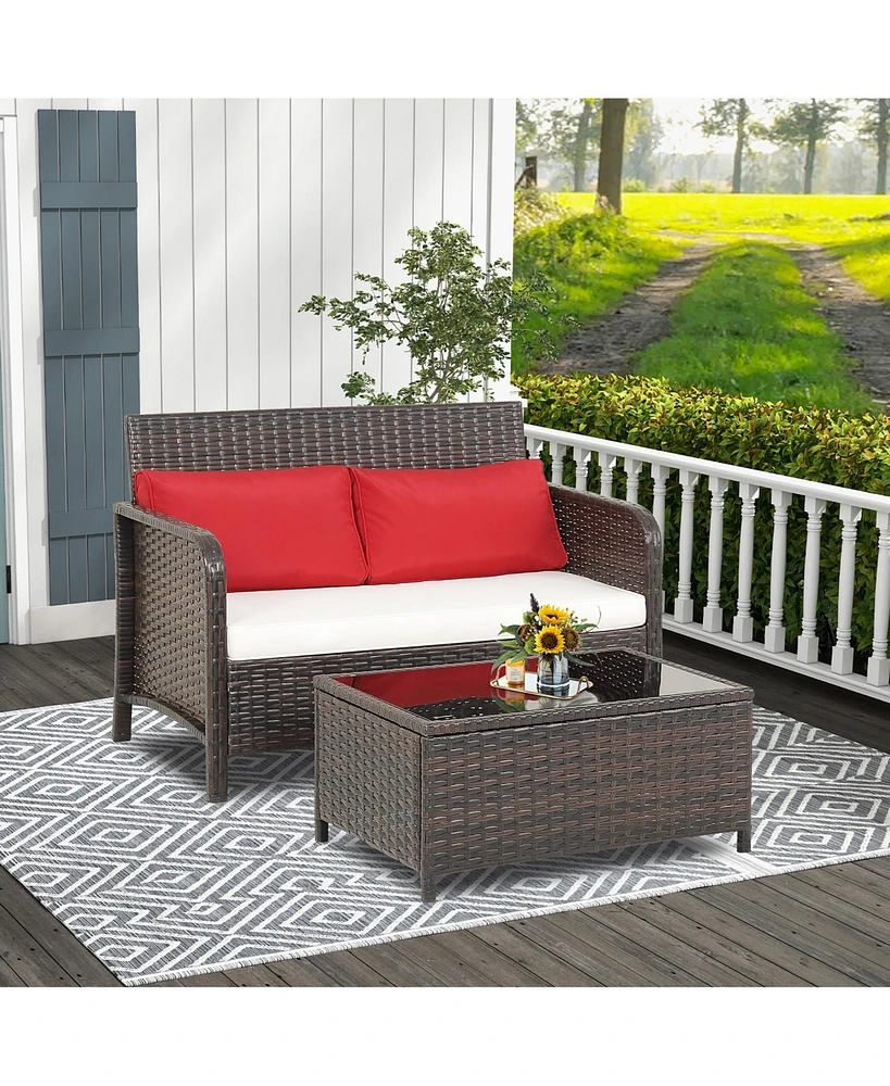 Gymax 2 Pieces Outdoor Patio Wicker Furniture Set Rattan Loveseat & Coffee Table