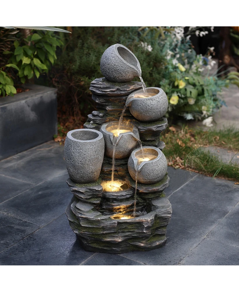 LuxenHome 3-Tier Gray Pots on Stacked Rocks 2.5-Feet Tall Outdoor Polyresin Fountain with Lights and Gray Side Planter