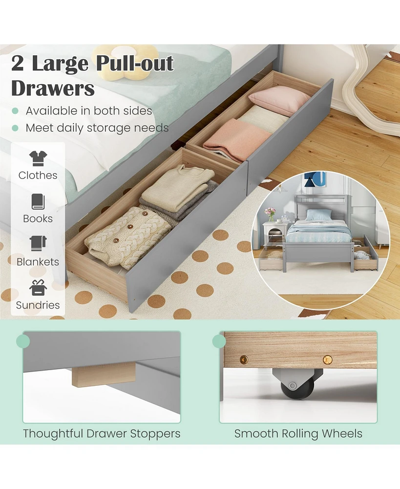 Twin Wooden Bed Frame with 2 Drawers for Teens and Adults