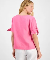 Charter Club Women's 100% Linen Split-Neck Tie-Cuff Top, Created for Macy's