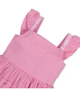 Hope & Henry Toddler Girls Pleated Flutter Sleeve Apron Dress with Embroidery