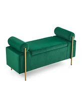 Upholstered Storage Bench with Cylindrical Armrests and Metal Legs Modern Rectangular Ottoman Seat for Bedroom Living Room or Entryway-The Pop Home