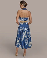 Donna Karan New York Women's Halter Belted Floral Print Midi Dress