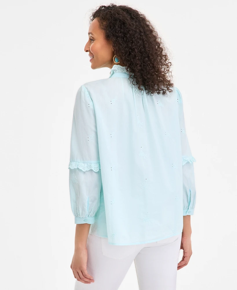 Style & Co Women's Cotton Eyelet-Front 3/4-Puff Sleeve Blouse, Exclusively at Macy's