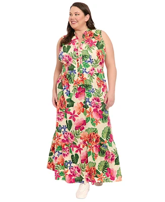 London Times Plus Ruffled-Trim Tiered Maxi Dress