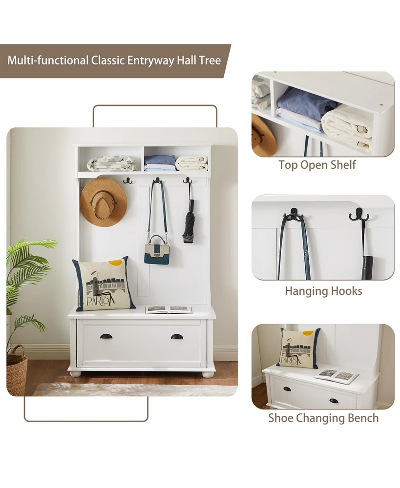 Modern Hall Tree with Shoe Rack, Coat Hooks, and Open Shelves - 40" W x 64" H
