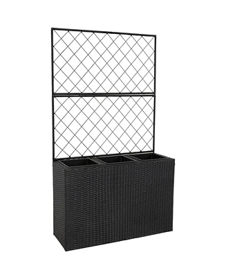 3-Section Wicker Planter Box with Trellis for Indoor or Outdoor Use - Black