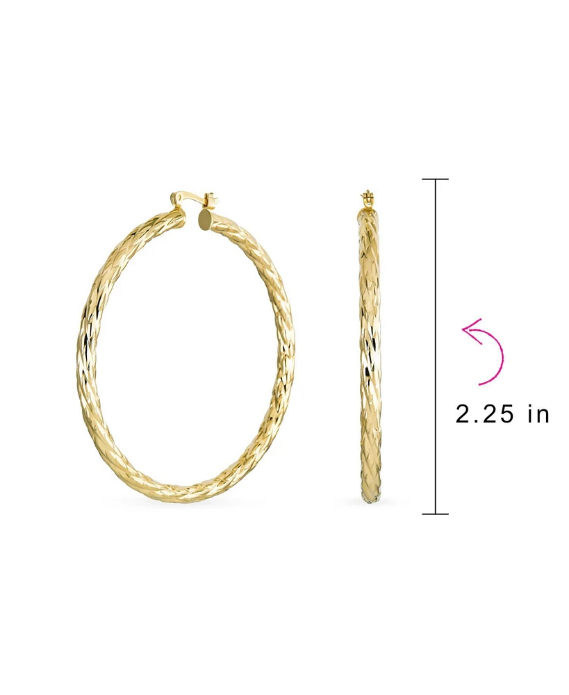 Bling Jewelry Rope Cable Wide Hoop Huggie Earrings 18K Gold Plated Brass 2.25 Inch Diameter