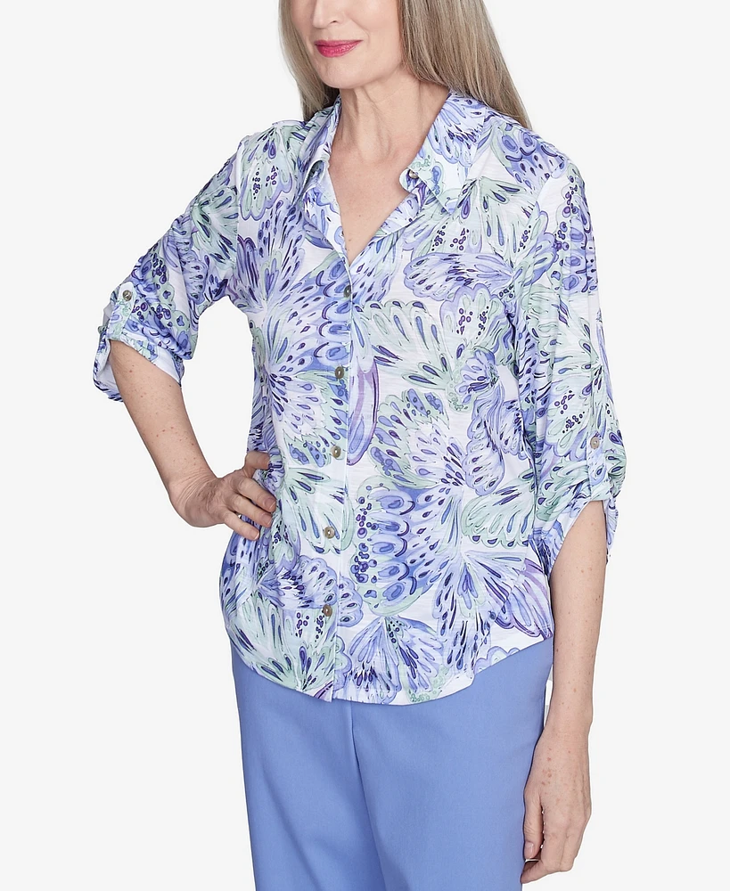 Alfred Dunner Petite Santa Fe Abstract Butterfly Button Front Top