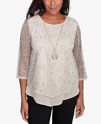 Alfred Dunner Petite Natural Instinct Popcorn Mesh Speckled Top With Necklace