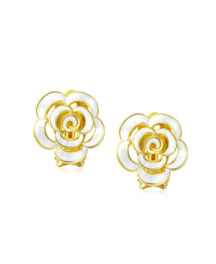 Bling Jewelry Set of 2 Enamel 3D White Blue Rose Flower Clip-On Earrings Gold Silver Plated