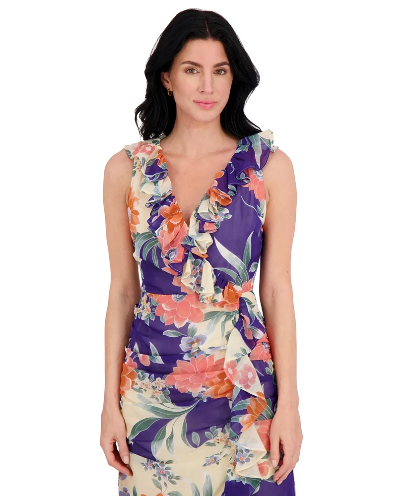 kensie Women's Printed Ruffled High-Low Maxi Dress