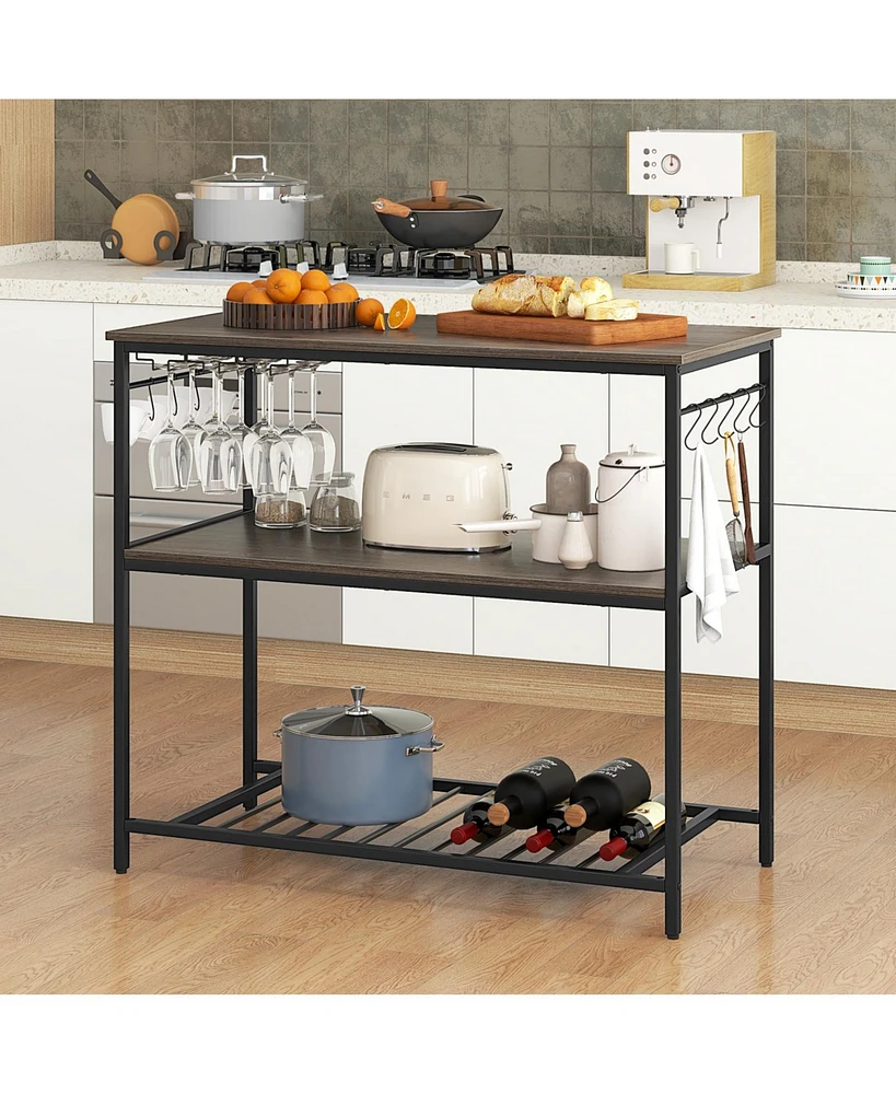 3-Shelf Kitchen Island with Wine Glass Holders and 10 Hooks – Versatile Storage Cart with Built-In Wine Glass and Hook Storage