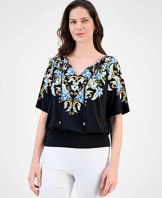Jm Collection Petite Floral-Print Blouson Top, Exclusively at Macy's