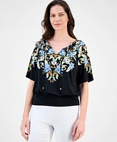 Jm Collection Petite Floral-Print Blouson Top, Exclusively at Macy's