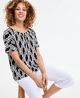 Jm Collection Women's Printed Pleat Neck Short-Sleeve Top, Exclusively at Macy's