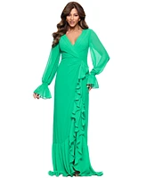 Xscape Women's V-Neck Ruffle-Trim Slit-Front Chiffon Gown
