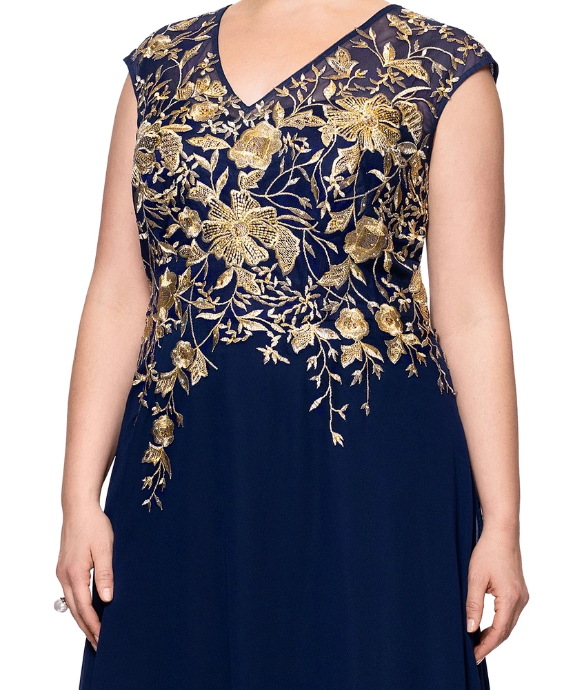 Betsy & Adam Plus Metallic-Embroidered A-Line Gown