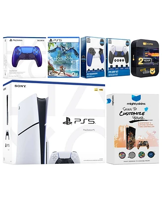 Sony Playstation 5 Slim Disc with Horizon Forbidden West, Extra Controller, Trigger Stop Kit, Fps Grip Kit and MightySkins Decal Voucher + 2 Year Cps