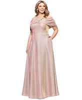 Betsy & Adam Plus Metallic Off-The-Shoulder Gown
