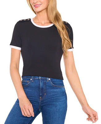 CeCe Women's Button-Shoulder Contrast-Trim T-Shirt