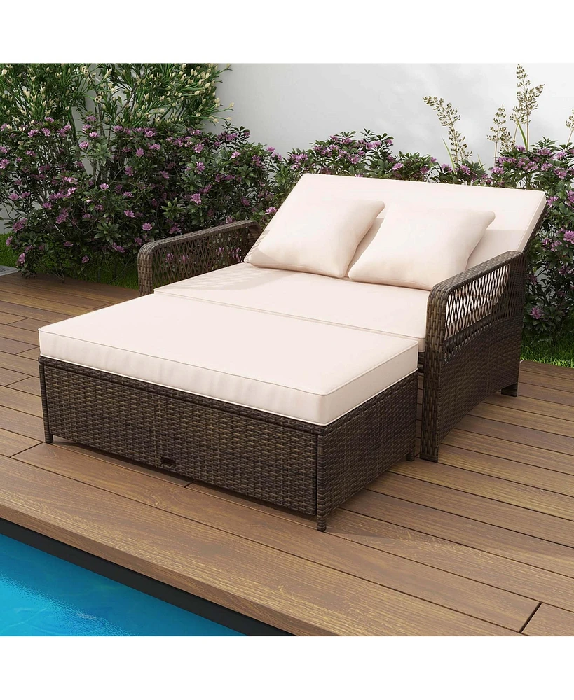Patio Rattan Daybed Wicker Loveseat Sofa with Multifunctional Ottoman