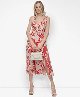Dkny Women's Printed V-neck Belted Sleeveless Dress