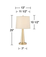 Karla Modern Table Lamps 25" Tall Set of 2 with Usb Charging Port Brass Gold Metal Beige Fabric Drum Shade for Bedroom Living Room House Desk Bed