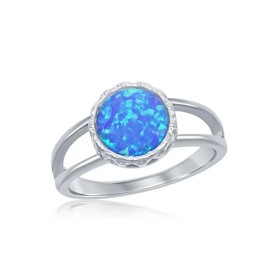 Sterling Silver Round Blue Inlay Synthetic Opal Open Band Ring