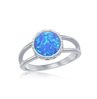Sterling Silver Round Blue Inlay Synthetic Opal Open Band Ring