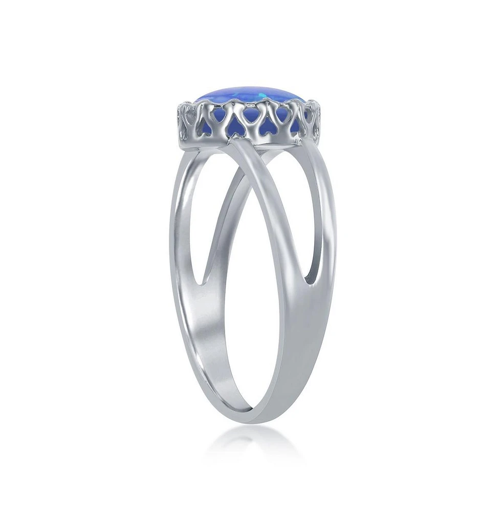 Sterling Silver Round Blue Inlay Synthetic Opal Open Band Ring