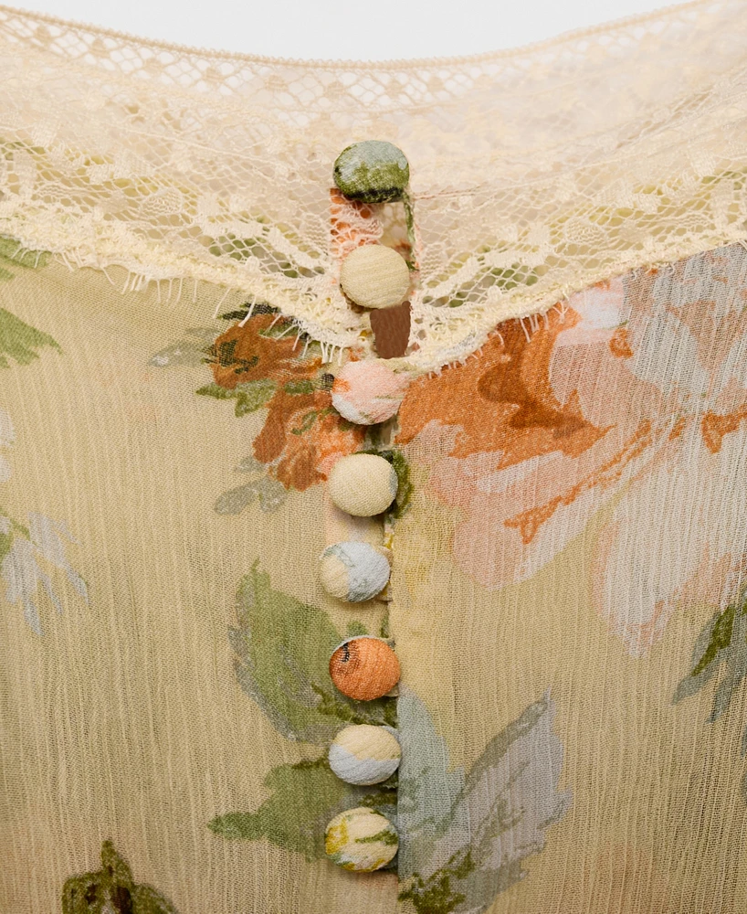 Mango Women's Puffed Hem Long Floral Jumpsuit