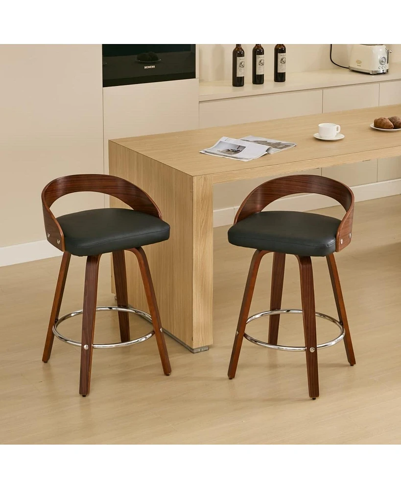 Set of 2 Swivel Bar Stools with Low Back 25 Inch Seat Height Wood Chairs Cushioned and Footrest for Kitchen Island or Dining Room-The Po
