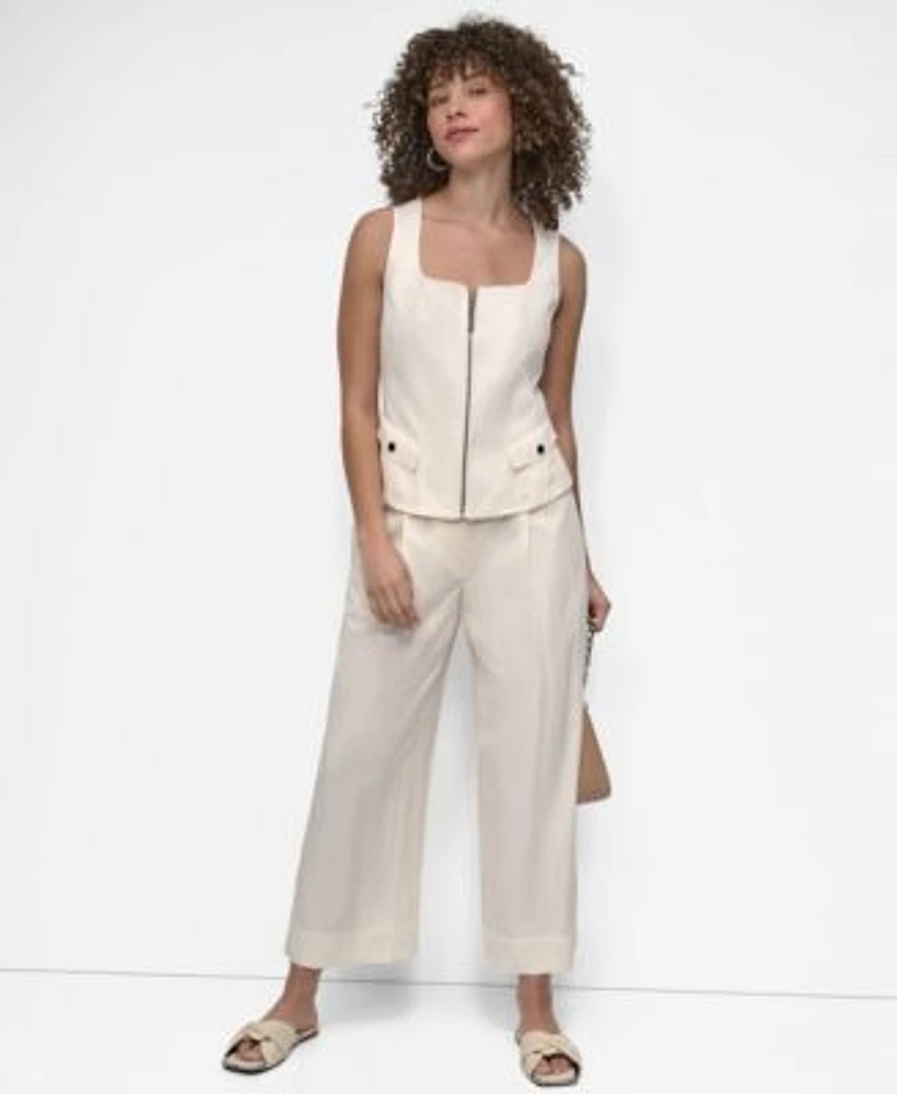 Dkny Womens Weathered Zip Up Vest Belted High Rise Pleated Twill Pants