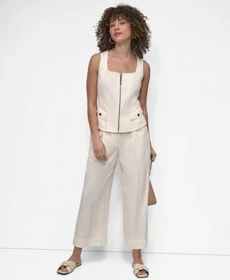 Dkny Womens Weathered Zip Up Vest Belted High Rise Pleated Twill Pants