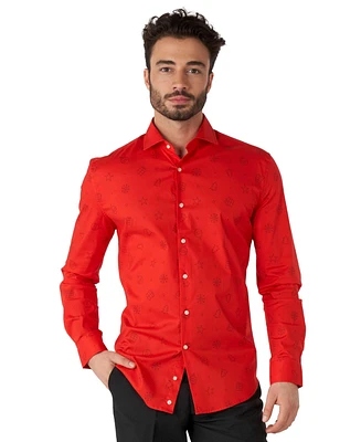 OppoSuits Men's Christmas Shirt - Holiday Festive Pine Tree Design Button Up Dress Slim Fit Navy Long sleeve