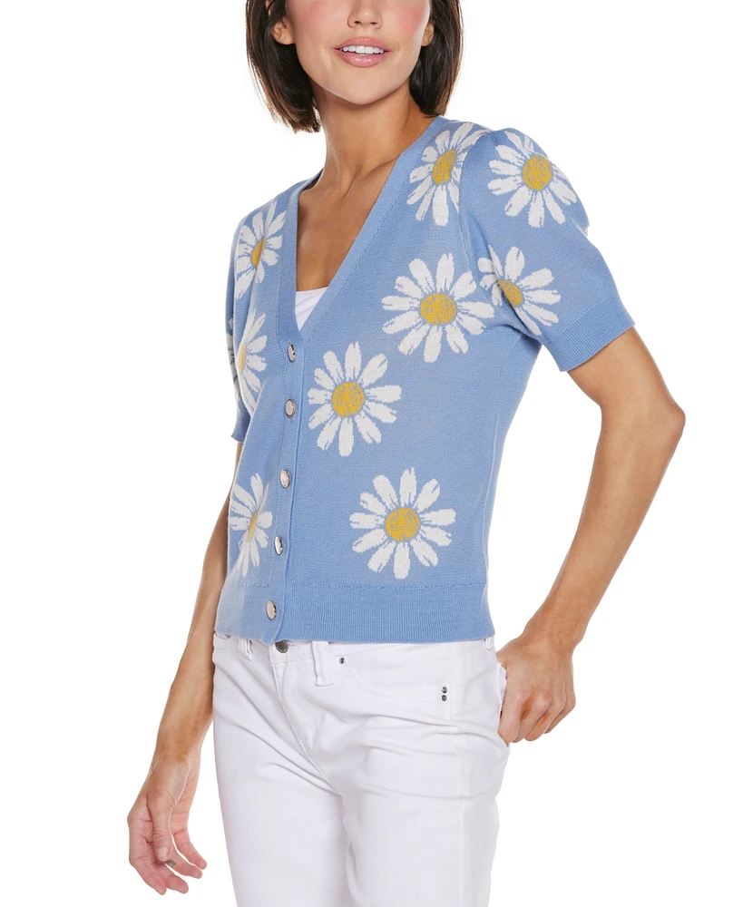 Belldini Women's Daisy Jacquard V-Neck Cardigan Sweater