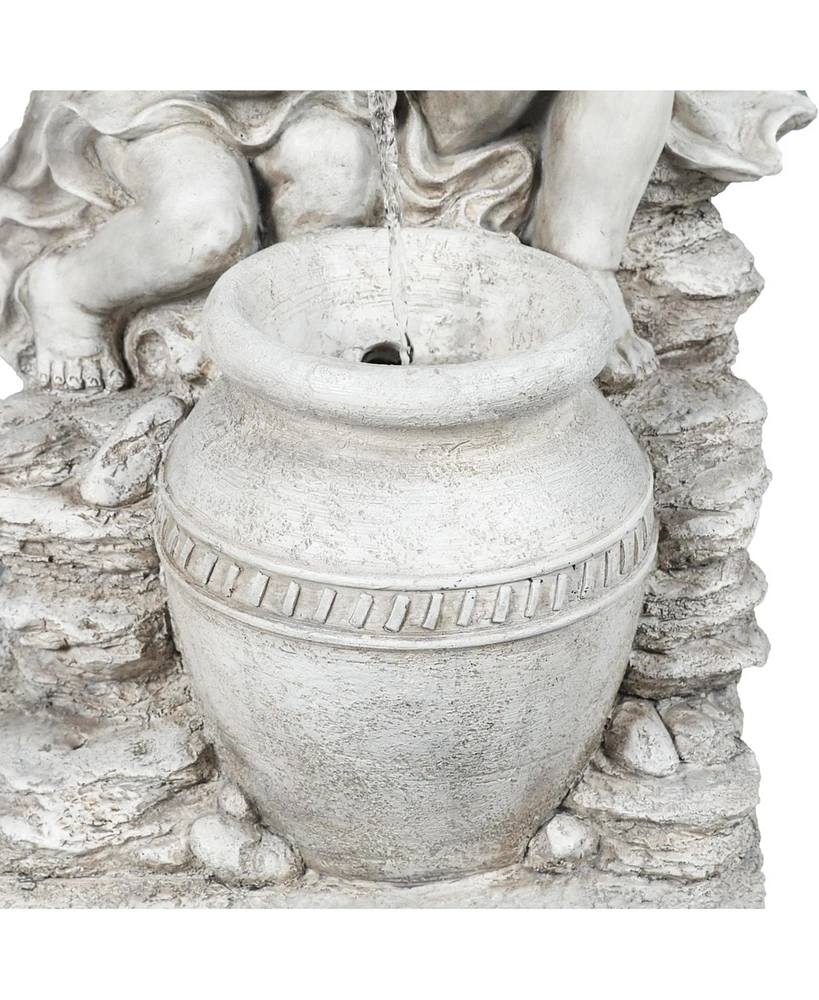 LuxenHome Gray Resin Cherub Angels Outdoor Fountain with Led Light