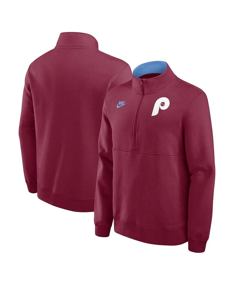 Nike Men's Burgundy Philadelphia Phillies Cooperstown Collection Fleece Half-Zip Pullover Sweatshirt
