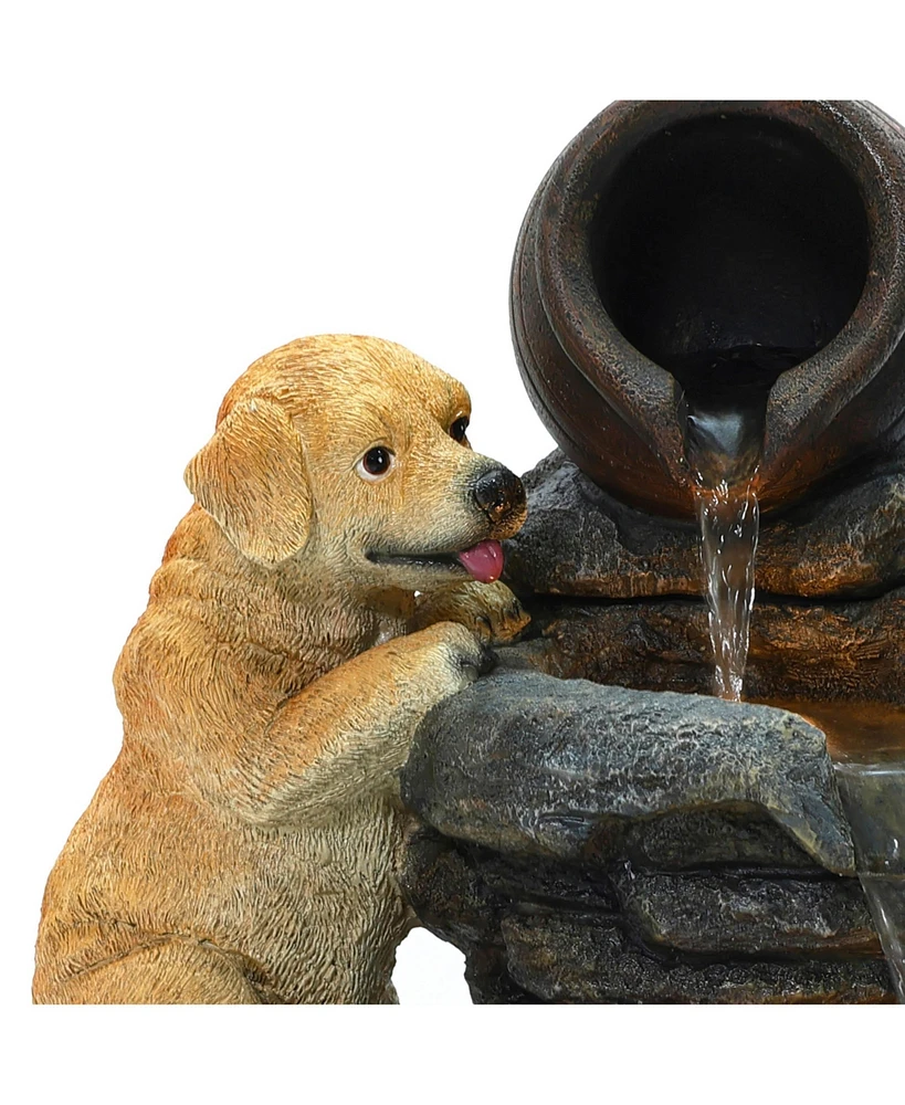 LuxenHome Puppy Rock Tower Farmhouse Resin Outdoor Fountain with Lights