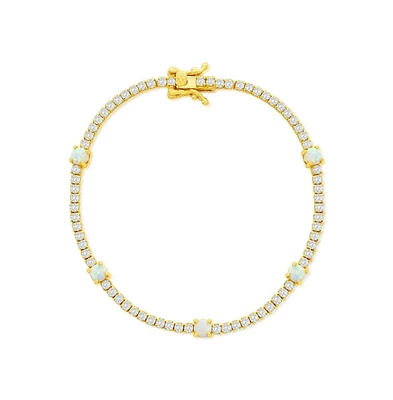 Sterling Silver, Round White Synthetic Opal & Cz Tennis Bracelet - Gold Plated