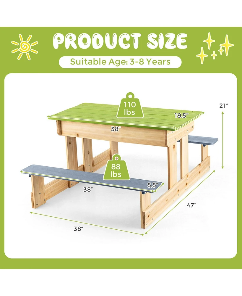 Gymax 3-in-1 Kids Picnic Table Outdoor Wooden Water Sand Table w/ Play Boxes