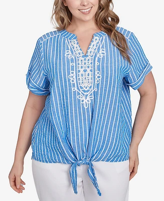 Ruby Rd. Plus Size Yarn Dye Stripe Embellished Tie Front Top