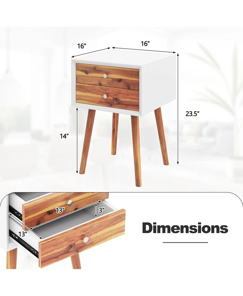 Gymax 2PCS Wooden Nightstand Mid-Century End Side Table W/2 Storage Drawers