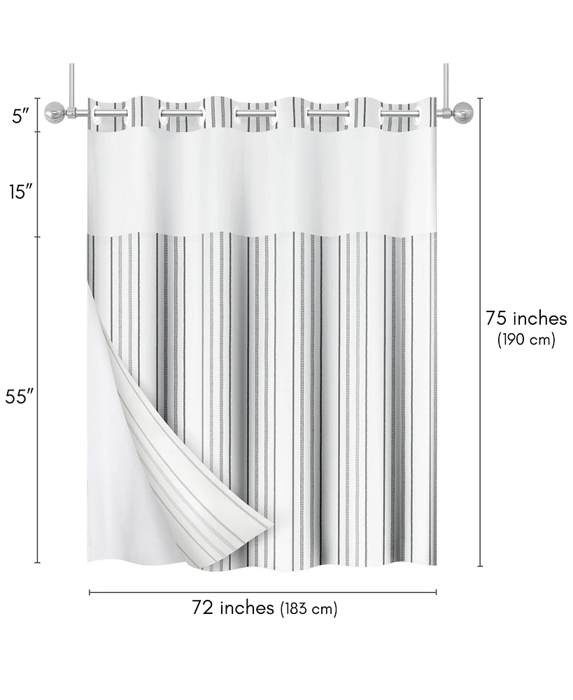 Americanflat 72x75 Hookless Shower Curtain - Grey Abstract Lines Shower Curtain with Sheer Panel, Snap-In Liner, and Grommets