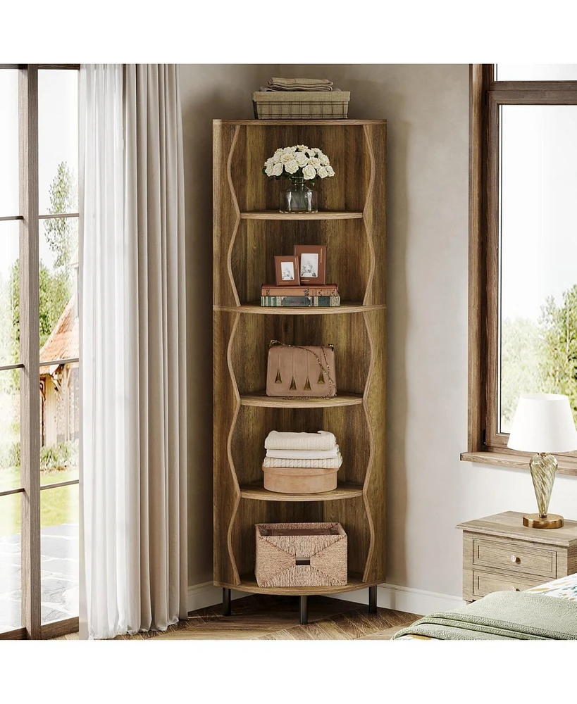 Tribesigns 5-Tier Corner Shelf, 71.5-Inch Tall Corner Bookshelf, Stylish Wood Bookcase Display Shelf Storage Rack Plant Stand for Small Space